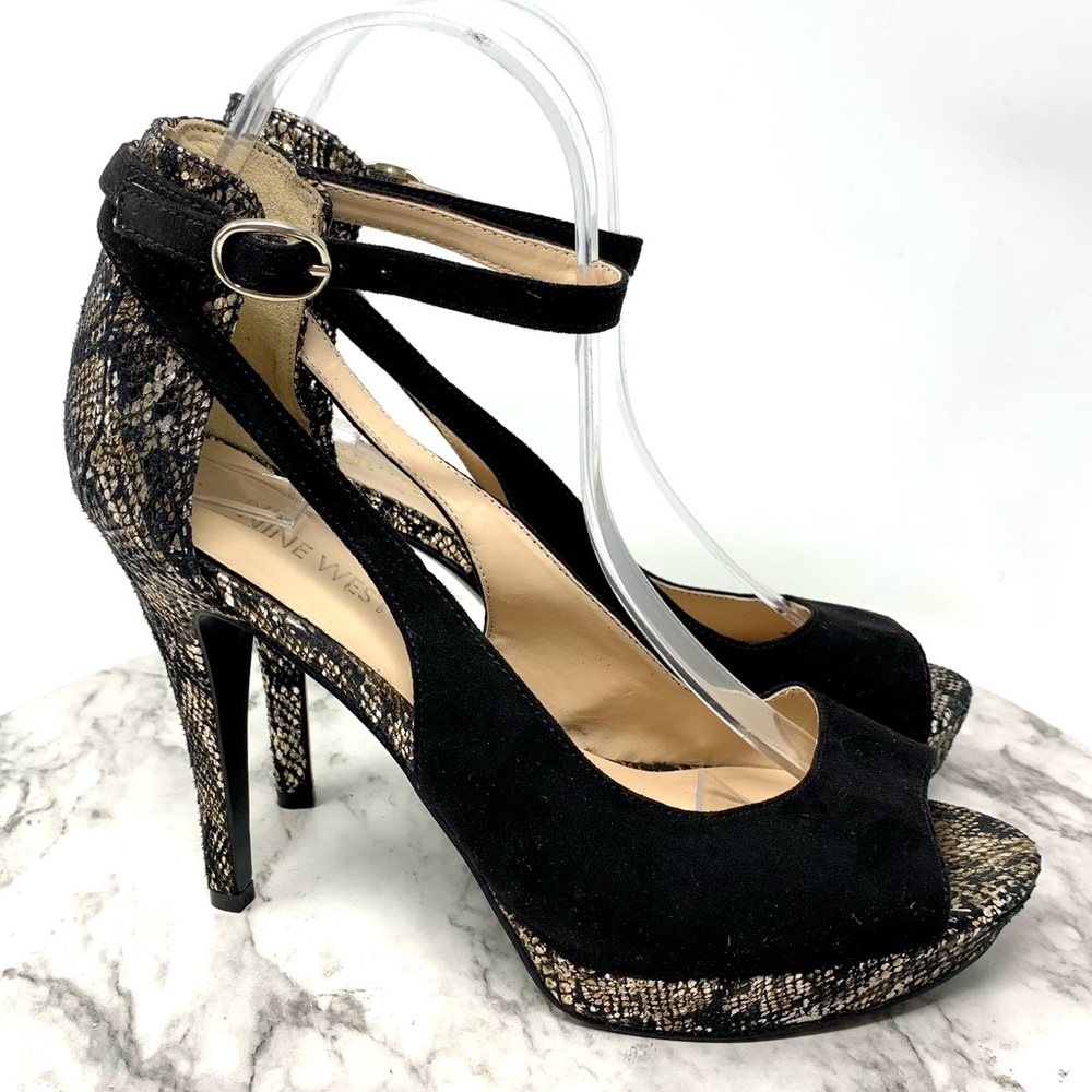 Nine West Donnali open toe Snakeskin/black ankle strap platform pumps 8.5 event